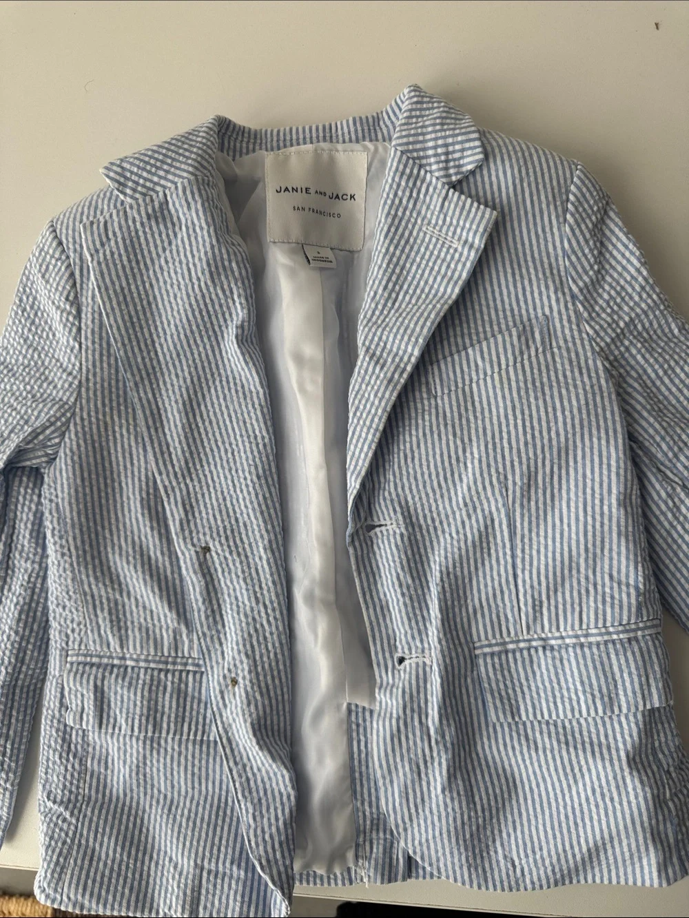 Janie and Jack Boys Light Blue and White Striped Seersucker Blazer